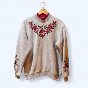 Bon Worth Small Gray Embroidered Roses Knit Sweater